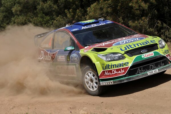 The Ford Mustang car drives in the dust