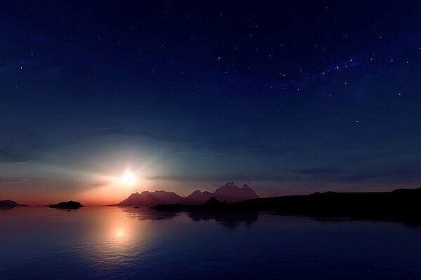 Krasty Zachód słońca nad jeziorem. Gwiaździste niebo