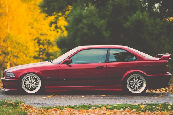 Zaciemnione czerwone BMW stoi na drodze w żółtych jesiennych liściach