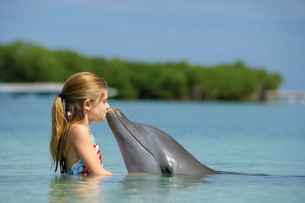 Bacio del delfino della ragazza sul mare