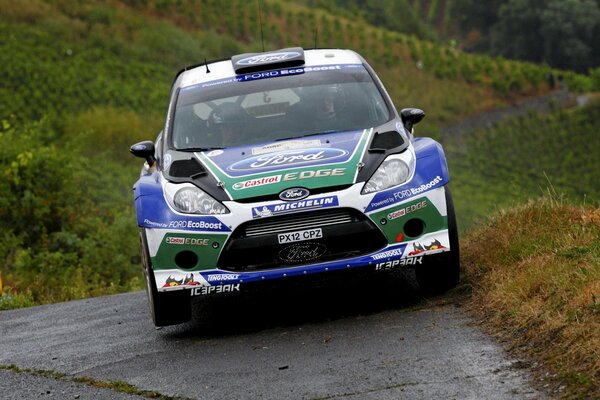 Ford fiesta con i fari spenti sulla pista di campagna