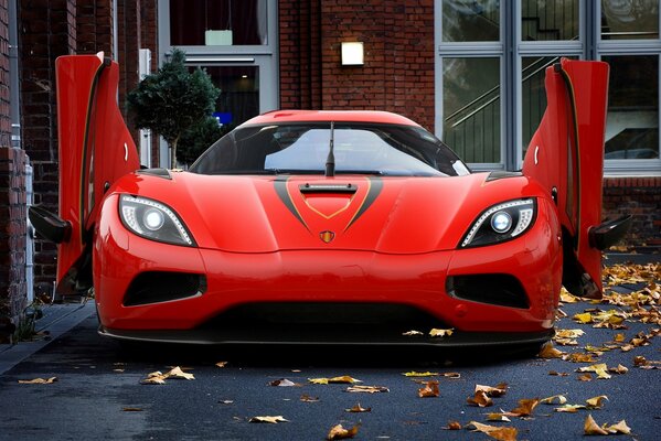 Red car on the background of yellow leaves at the house