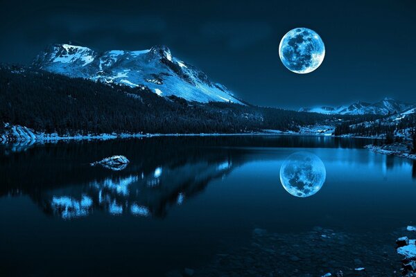 Luna llena en reflexión en un lago de montaña
