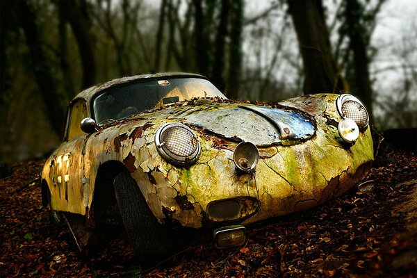 Porsche amarillo roto en el bosque de otoño