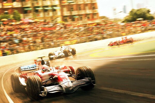 A car at speed in Formula 1 racing