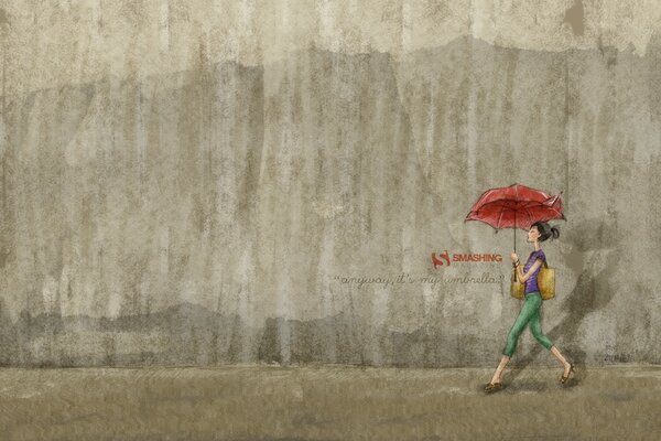 Dziewczyna idzie z parasolem w dole ściany