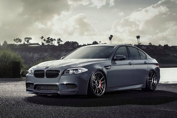 A tuned bmw m5 standing on the shore against a cloudy sky