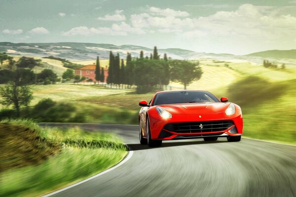 Bright red Ferrari Berlinetta rides on the road