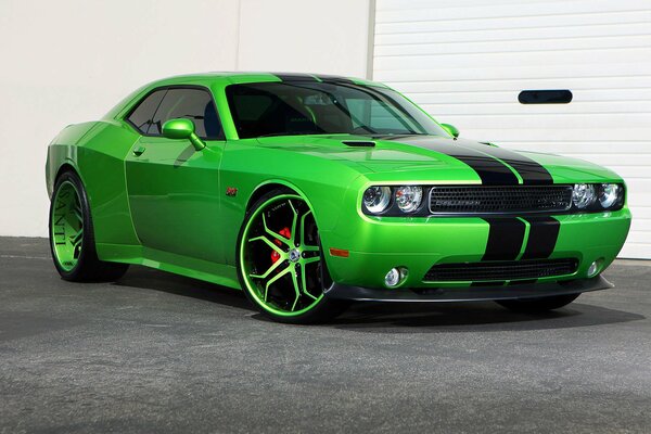 Green dodge challenger car with black stripes