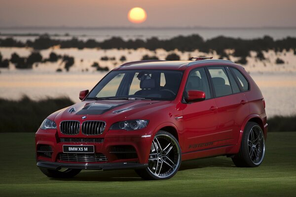 BMW x5 SUV on a green surface at sunset