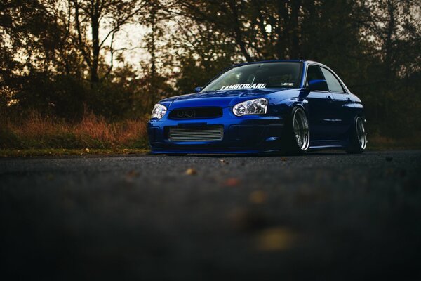 Bright blue subaru impreza on the autumn road