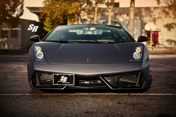 Voiture impeccable Lamborghinni Gallardo en noir sur fond de paysage urbain