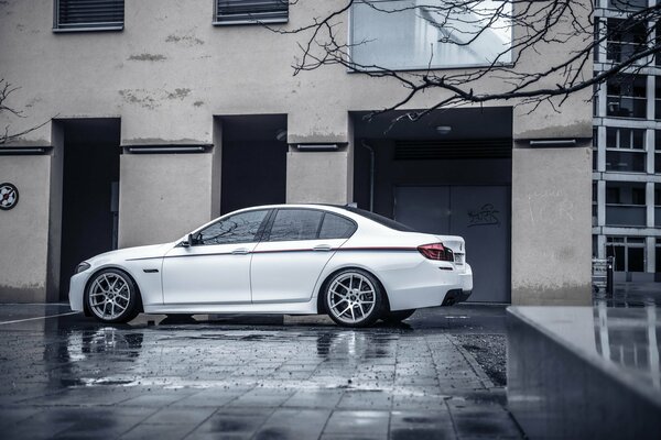 Der BMW steht bei bewölktem Wetter draußen