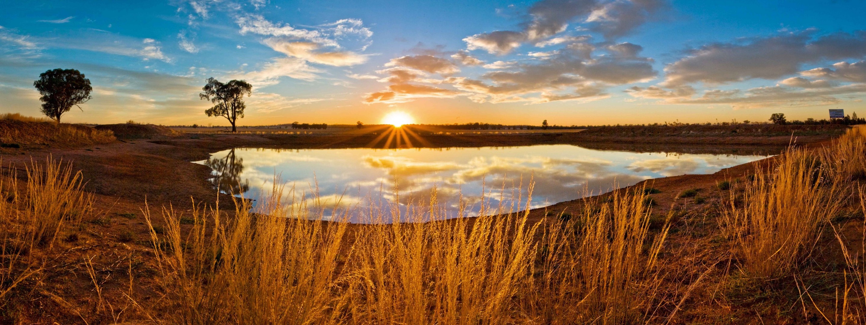 lago sol nubes hierba