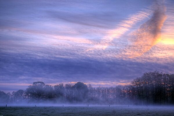 Matin nuageux neigeux dans le brouillard