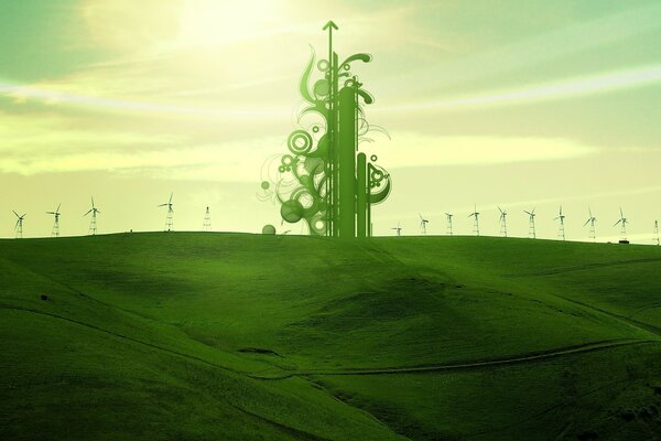 Molinos de viento en el campo con tratamiento verde