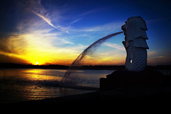 Statua Merlion Singapur z fontanną