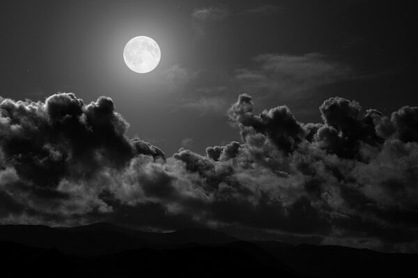 Full moon in a black sky with clouds