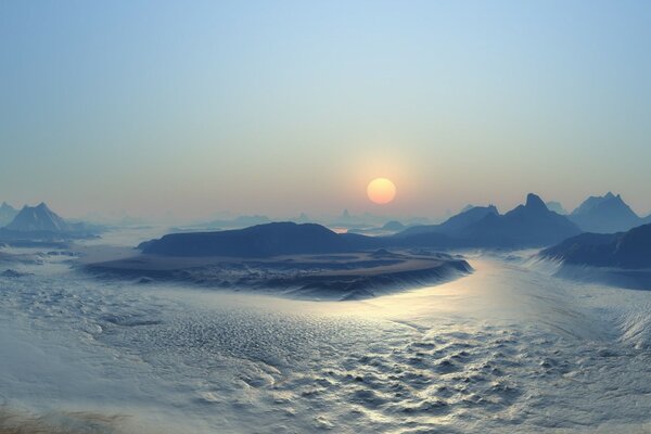 Sonnenuntergang in einer Welt von Eis und Kälte