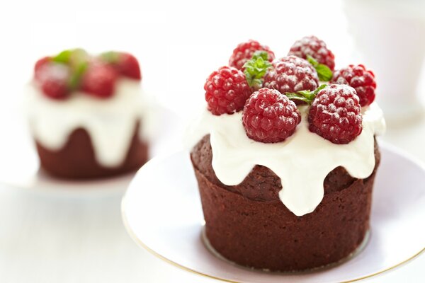 Schokoladenkuchen mit Himbeeren verziert