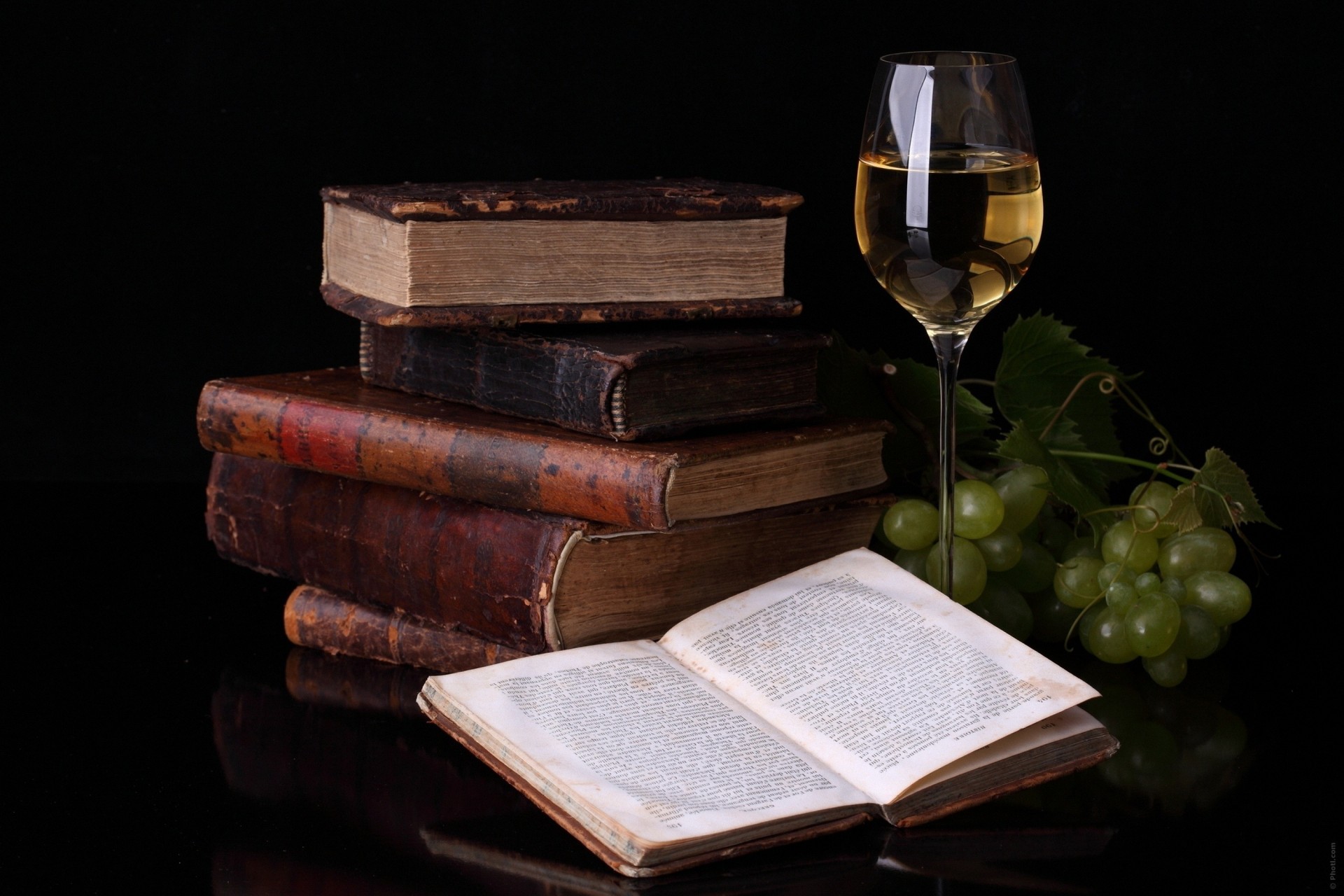 reflection food for thought grapes glass wine book