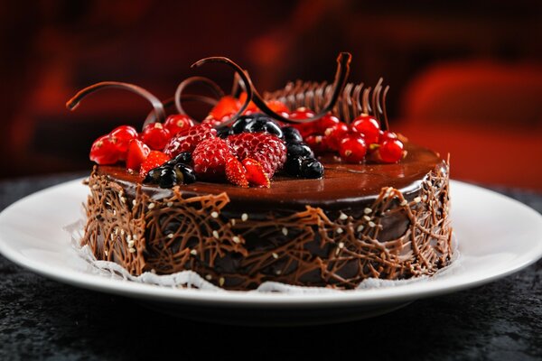 Elegante pastel de chocolate con dispersión de bayas silvestres