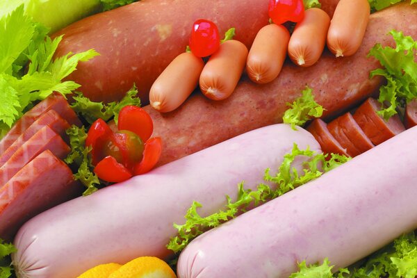 Sausage and sausages on a background of greenery