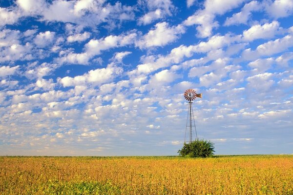 A lonely windmill in a field under a blue sky