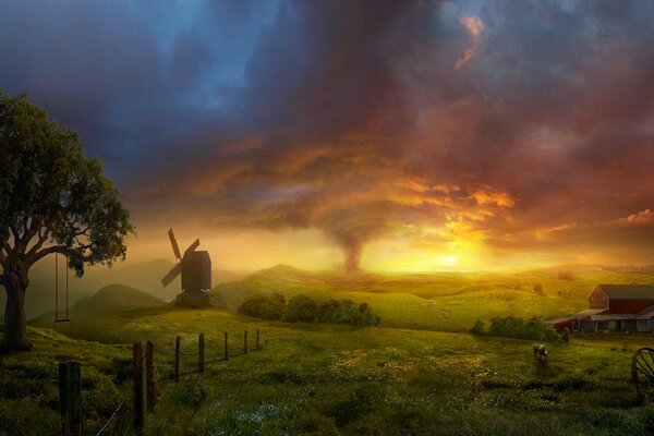 Mühle im Nebel vor Tornado-Hintergrund