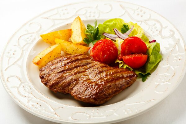 Juicy meat chop with crispy fried potatoes