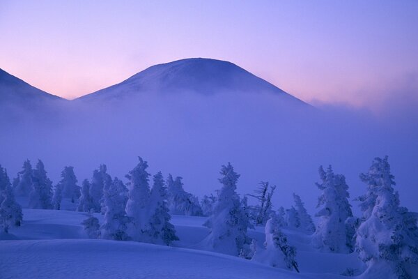 Brouillard et nuages dans les montagnes enneigées