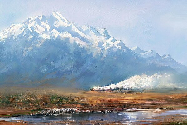 Oil painting of beautiful snow-capped mountains