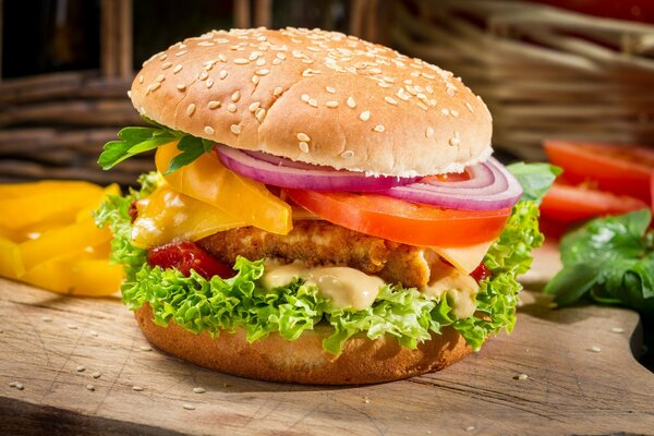 Juicy burger with meat and vegetables