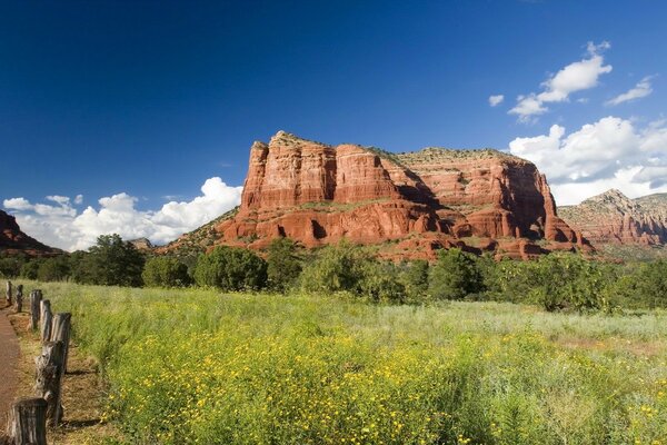 A beautiful view opens to the high mountains among the greenery