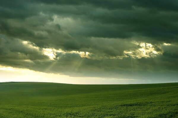 View of the field and the rays of the sun through the clouds