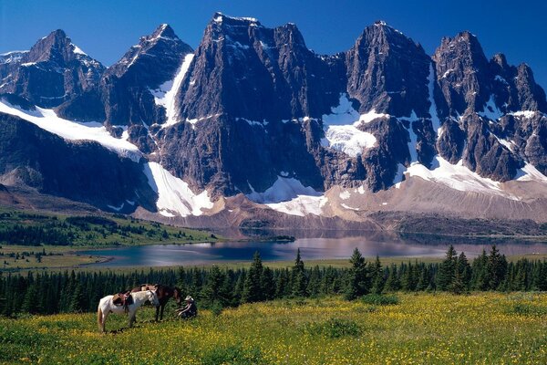 Pferde und Menschen vor dem Hintergrund der Berge und des Teiches in Kanada