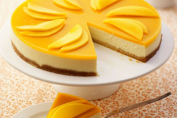 Cheesecake à la mangue sur une assiette blanche