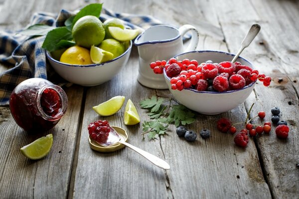 Beeren von Himbeeren und Johannisbeeren neben Limette und Zitrone