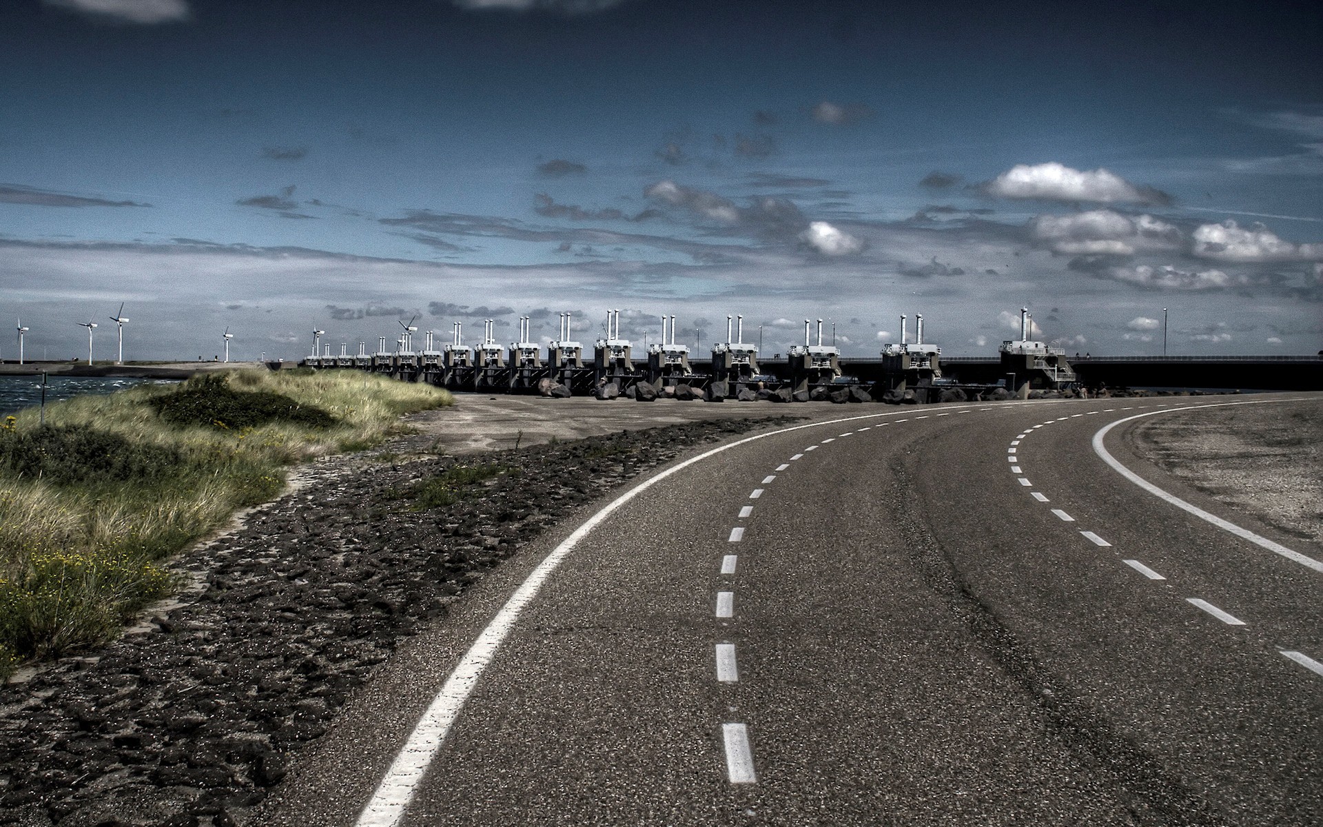 road counting clouds bridge