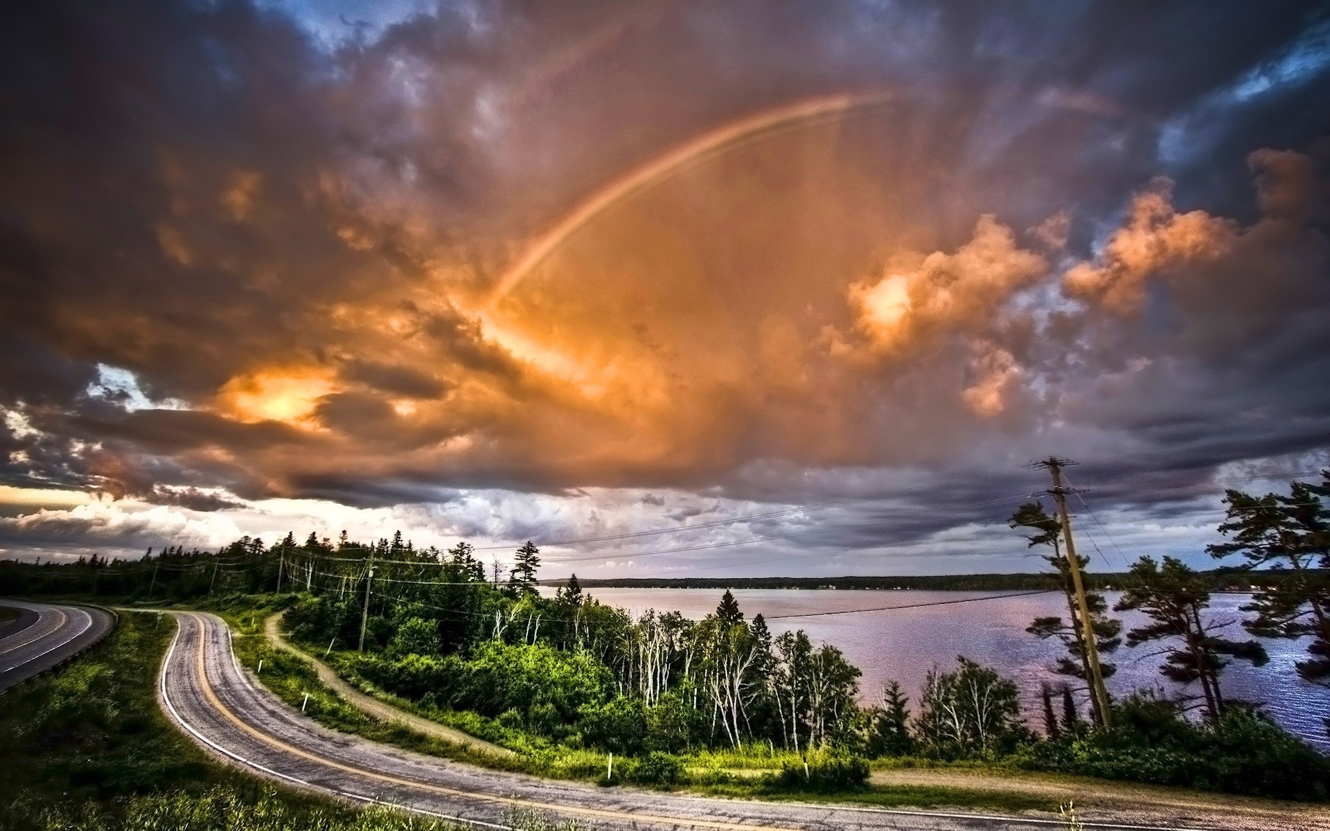 road tree clouds rainbow