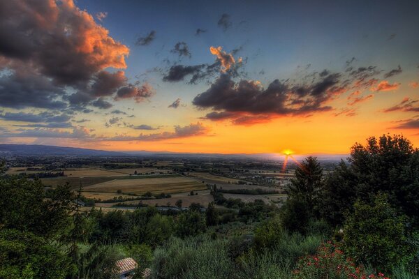 The green valley in the sunset rays