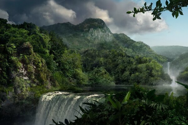 Colorful picture of a waterfall in the mountains