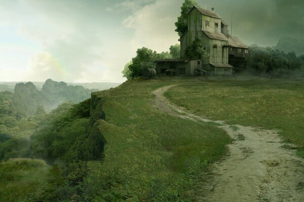 Das Haus liegt an einer Klippe. Düstere Landschaft