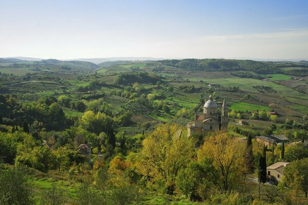 Green hills, church in the village