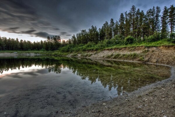 Деревья и облака отражаются в воде