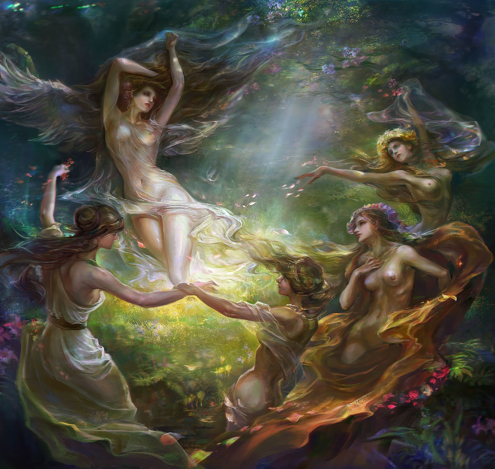 desnudo arte chicas flores pechos corona alas luz