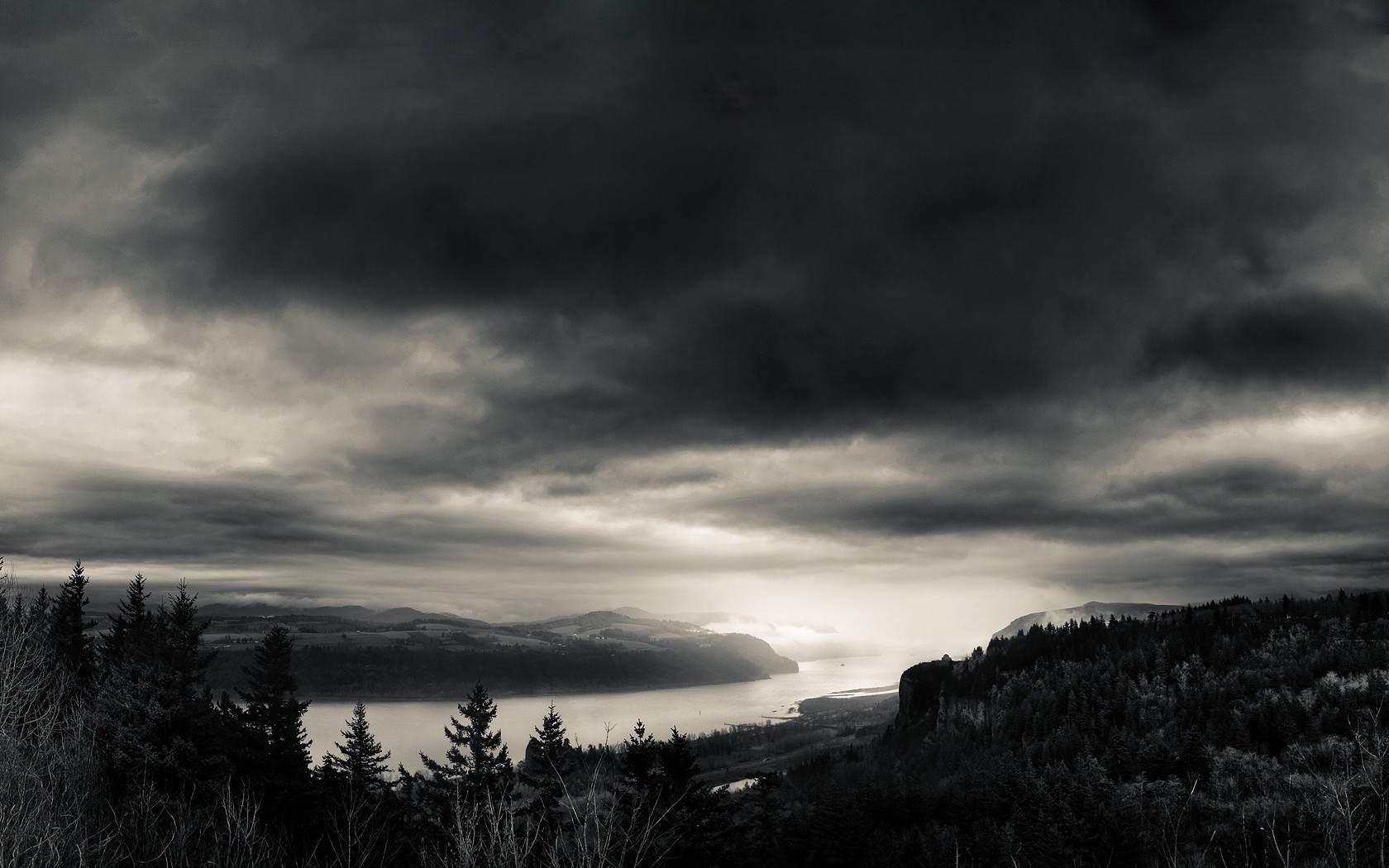 black and white river clouds sky