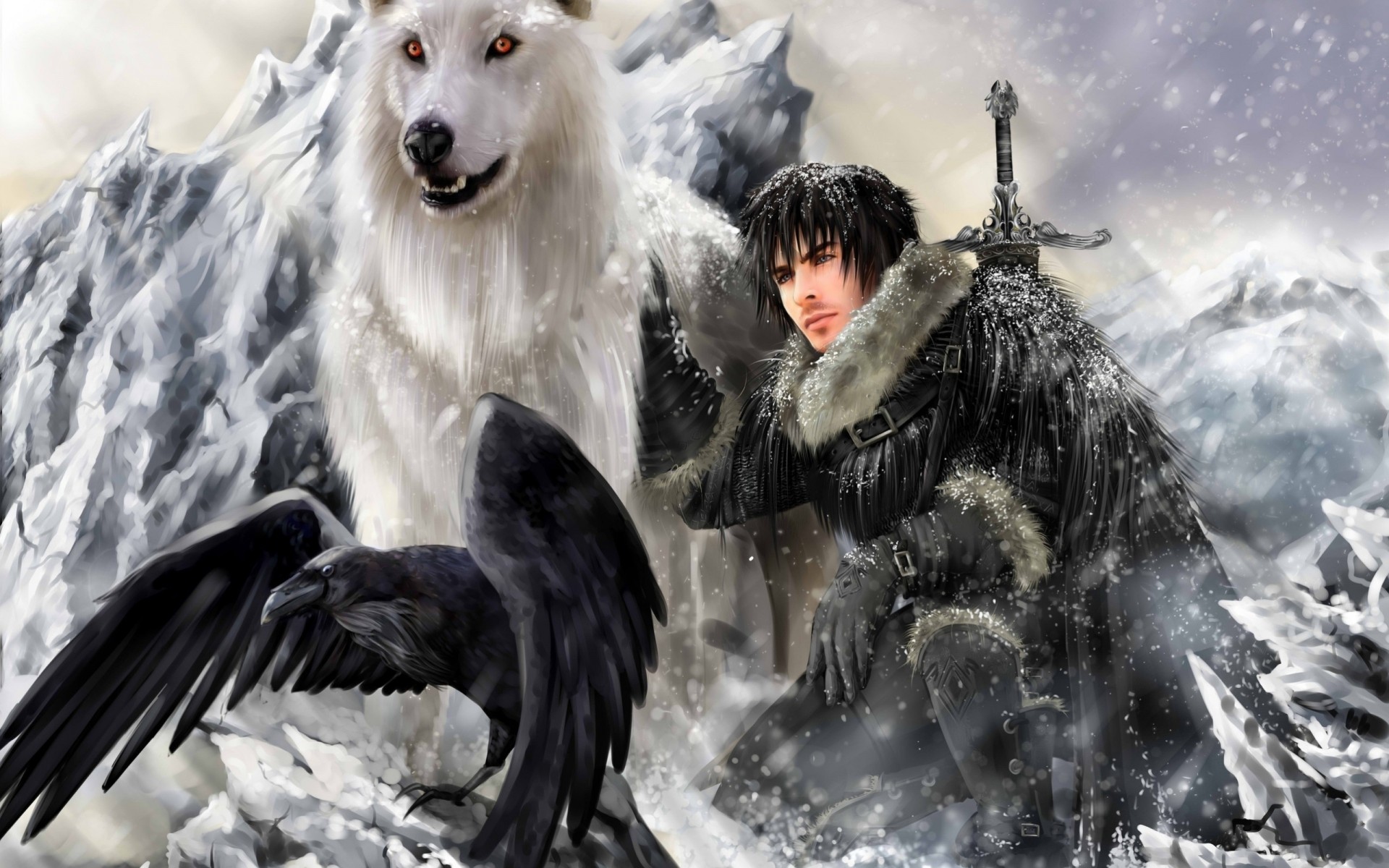 oiseaux neige jon snow montagnes guerriers épées corbeaux fantôme races game of thrones direwolf