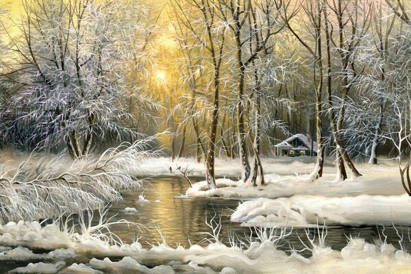 River and trees in a winter landscape