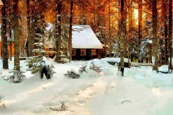Winter forest with house painting